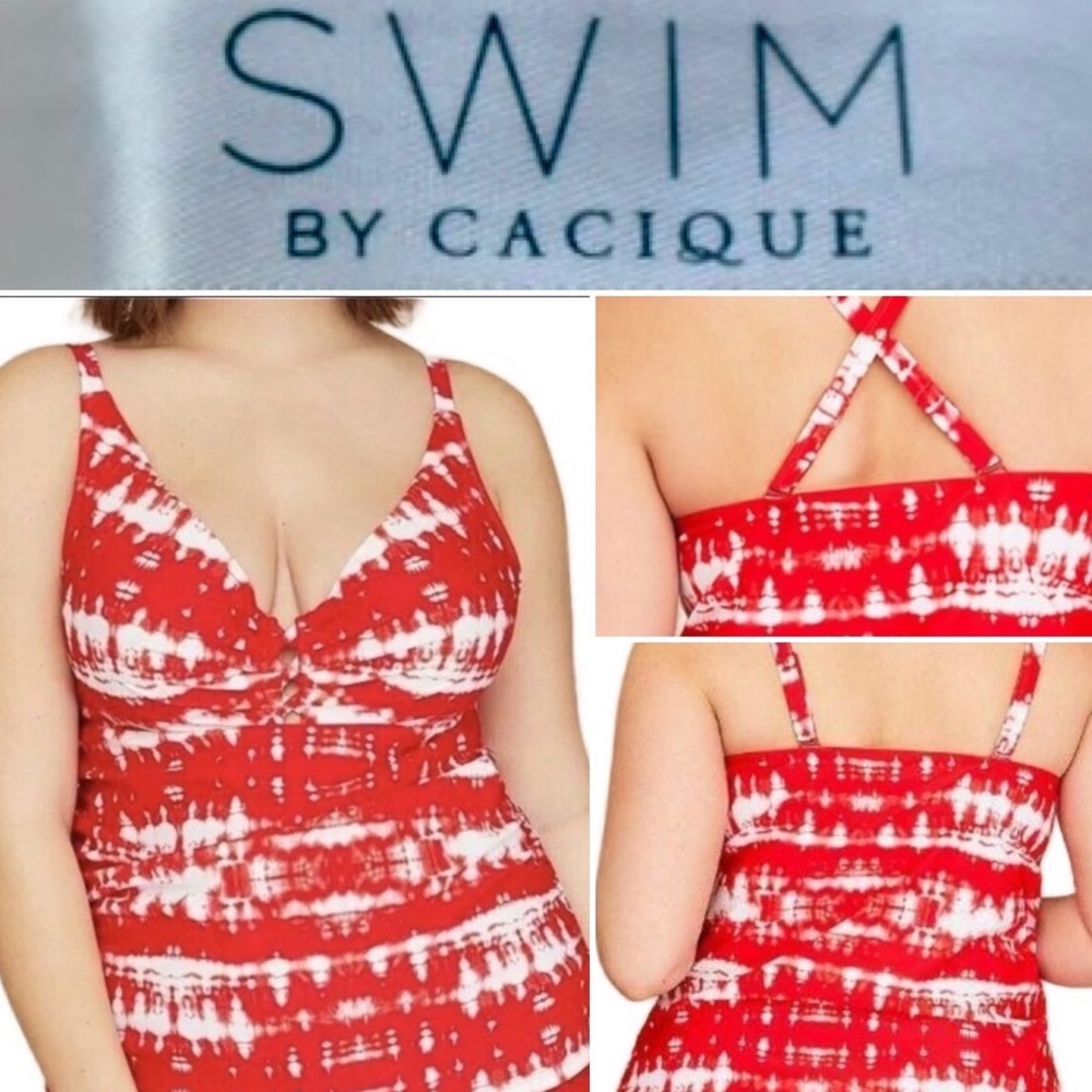 CACIQUE TANKINI. LIKE NEW! RED AND WHITE TIE DYE SWIMSUIT TOP WITH BUILT IN BRA.